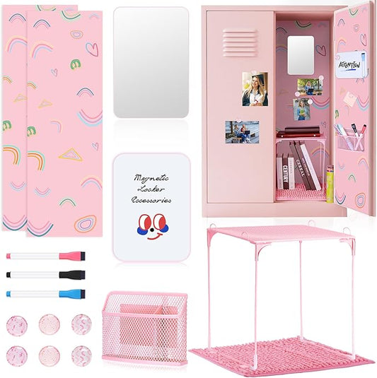 HAUTOCO 16 Pcs Locker Accessories for Girls Pink Locker Organizer Decorations with Shelf, Rugs, Magnetic Wallpaper, Whiteboard, Mirror, Markers, Pen Holder, Magnets, Back to School Work Essentials