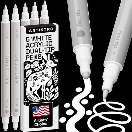 ARTISTRO 5 White Dual-Tip Acrylic Paint Pens for Rock, Ceramic, Glass, Wood, Fabric - White Markers for Acrylic Painting, 5mm Dot + 1mm Fine Tips