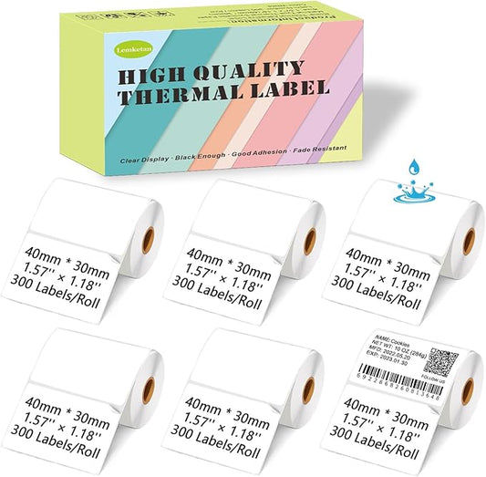 [300 Labels/Roll x 6] 40mm x 30mm Thermal Labels, 1.57''x1.18'' Label Maker Tape Refill, Weatherproof & Tear-Resistant Thermal Stickers Compatible for Phomemo M110, Supvan T50M Pro (White)