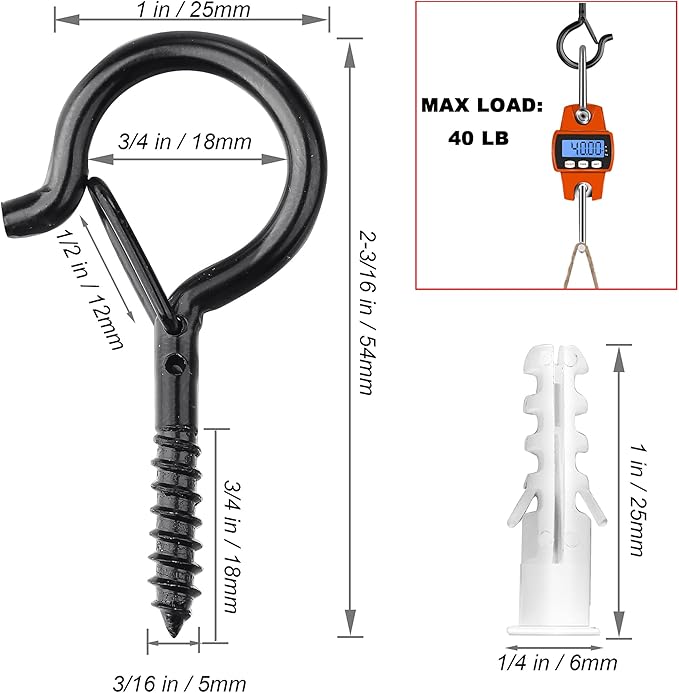 PlusRoc 60 Pack Ceiling Hooks for Hanging Plants Outdoor String Lights, Q-Hanger Screw in Hooks for Hanging, 2.2 Inch Black Cup Hook Eye Hooks Outside Patio, Wall Wood Ceiling Deck Fence Mount