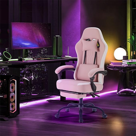 Sweetcrispy Computer Gaming Chair - High Back Ergonomic Desk Chair with Footrest and Lumbar Support, Height Adjustable Task Chair with Linkage Armrests and Headrest, 360° Swivel Wheels, Pink