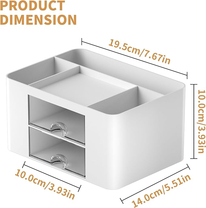 Marbrasse Pen Organizer with 2 Drawer, Multi-Functional Pencil Holder for Desk, Desk Organizers and Accessories with 5 Compartments + Drawer for Office Art Supplies (White)