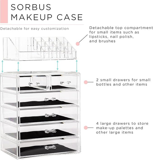 Sorbus Acrylic Makeup Organizer Set, 6-Drawer Vanity & Countertop Cosmetic Storage with Small & Wide Compartments, Clear Makeup Storage for Brushes, Lipsticks, Jewelry – Holiday Gift for Women & Teens