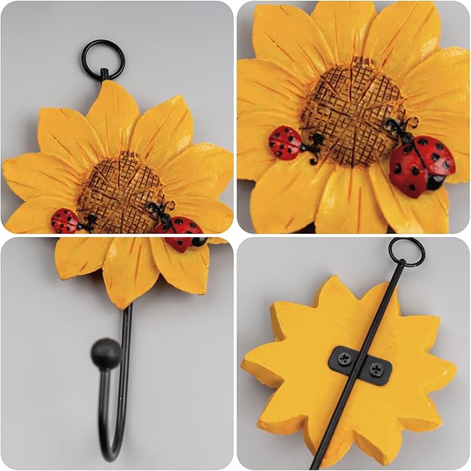 Notakia 8pcs Resin Daisy Flower Wall Hooks Decoration Hanging Coat Hooks Vintage Art Printing Iron Hook Key Hat Towel Wall Mounts Hooks Home Decor