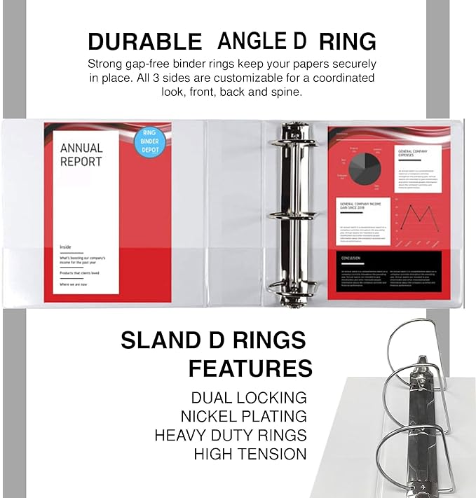 3 Ring Binder, 3" Professional Angle D-Rings, Presentation Folder for Standard Pages with Inside Pockets, Customizable Clear View White Binder (6 Pack)