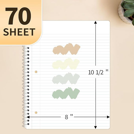 SUNEE Spiral Notebooks College Ruled, 1-Subject, 4 Pack, 8 x 10-1/2 inch, 70 Sheets, 3-Hole Punched Paper, Green, Grey, Beige, Red for Work, Home & School, Writing Journal