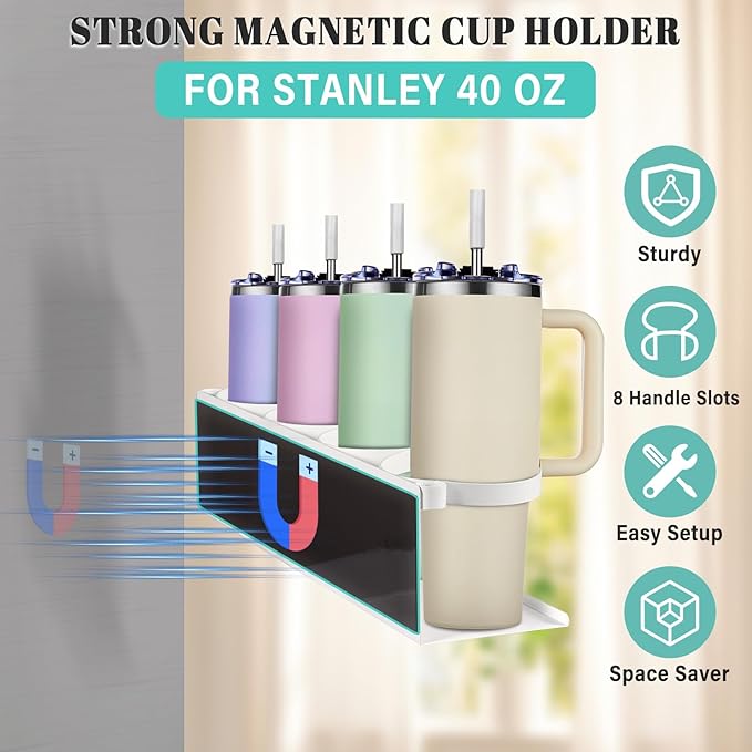 2Pcs Magnetic Water Bottle Organizer for Stanley 30 40 oz Tumbler and Lid Magnetic Cup Holder Heavy Duty Tumbler Storage Organizer Drink Accessories Kitchen Cup Storage Rack for Fridge Cabinets Gifts