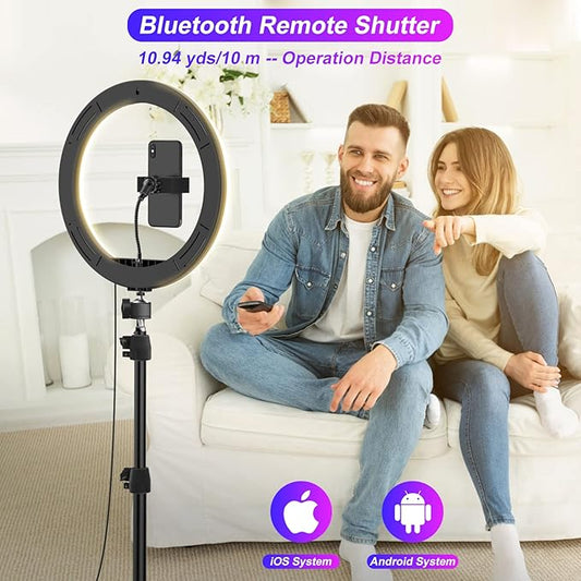 STALLY 10.2" Ring Light with Stand, 75" Tall Ring Light with Phone Holder and Wireless Remote, 12 Dimming Levels, 32 Color Modes Selfie Light Tripod for iPhone, Live Stream, Makeup, YouTube, TikTok