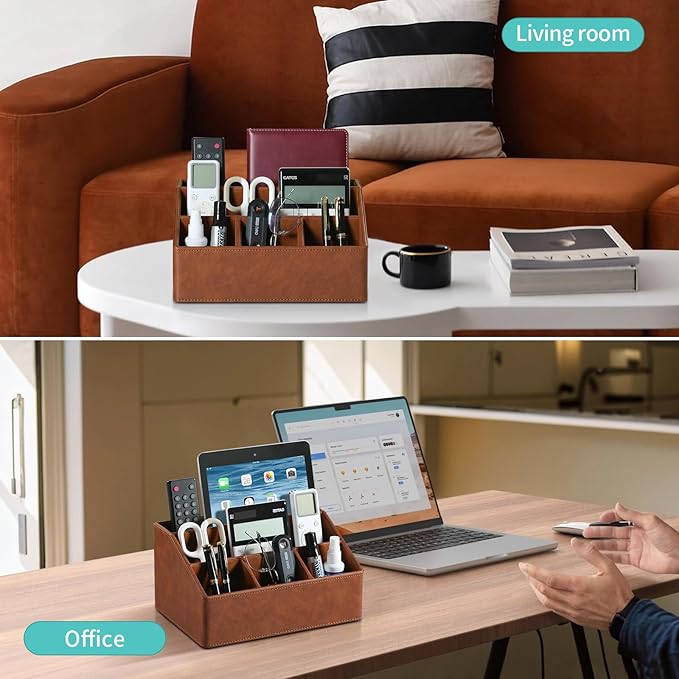 Remote Control Holder with 5 Compartments for Office Art Supplies, PU Leather Nightstand Organizer Pencil Pen Desk Caddy for Home, Desktop TV Remote Control Organizer Storage (Brown)