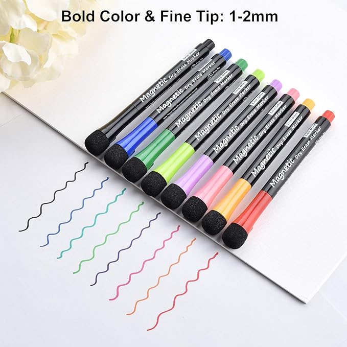 16 Pack Magnetic Dry Erase Markers - Fine Tip (8 Colors) Low Odor Whiteboard Markers for Kids & School, for Whiteboard, Calendar, Refrigerator