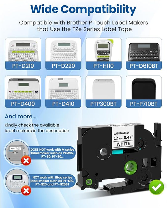10-Pack 12mm 0.47 Laminated White Label Tape Replacement for TZe-231 Brother Label Maker Tape, AZe Black on White Label Tape Compatible with Brother P Touch Label Maker PT-D210 PT-H110 PT-D220