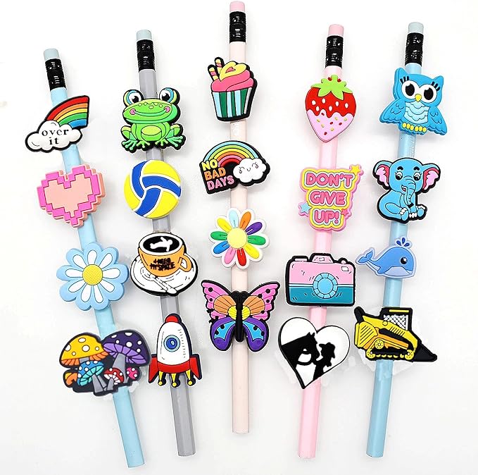 Papacharms Lot Random Different Decorative Pencil Toppers 40Pack Cute Cool Pencil Charms Clips Bulk PVC Pen Topper for School Prize Classroom Reward Student Gifts
