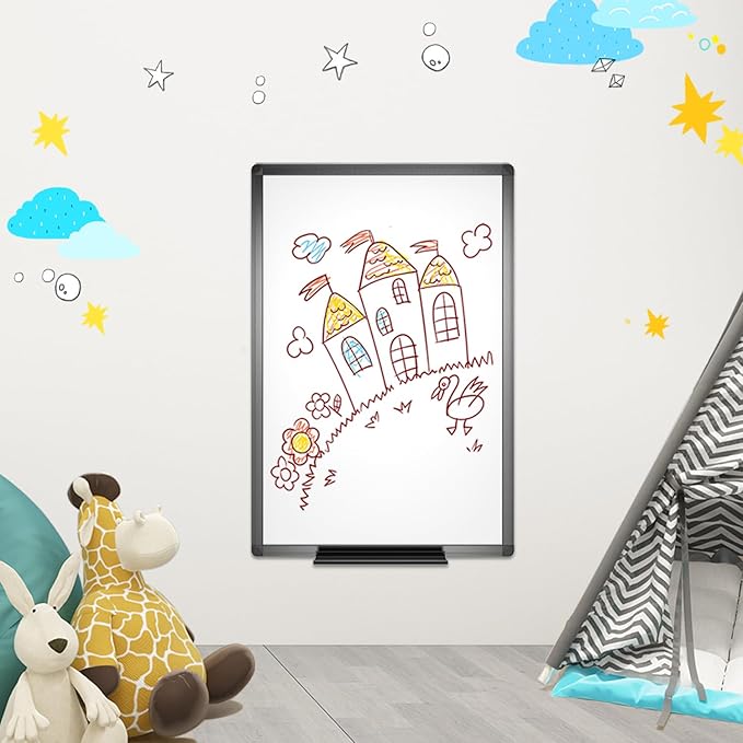 VIZ-PRO Magnetic Whiteboard/Dry Erase Board with Black Aluminium Frame, 48 X 24 Inches, Includes 1 Eraser & 2 Markers & 4 Magnets