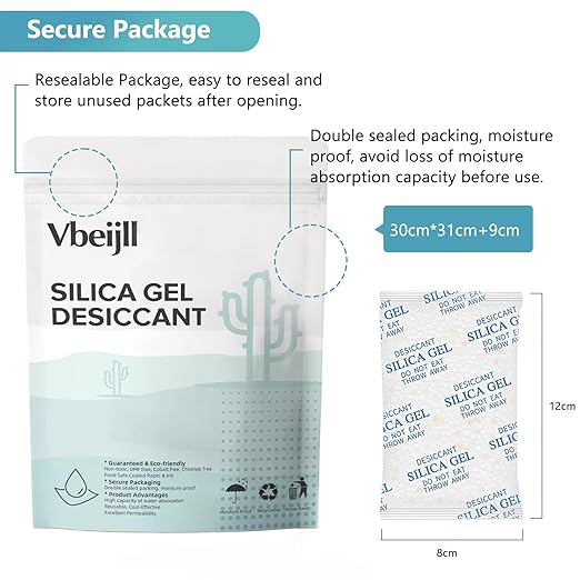 Premium 50 Gram 20 Pcs Desiccant Silica Gel Packets with Color Indicating - Rechargeable Moisture Absorbers for Food Grade Silica Packets for Foods, Seeds, 3D Filaments, Electronics, Safes