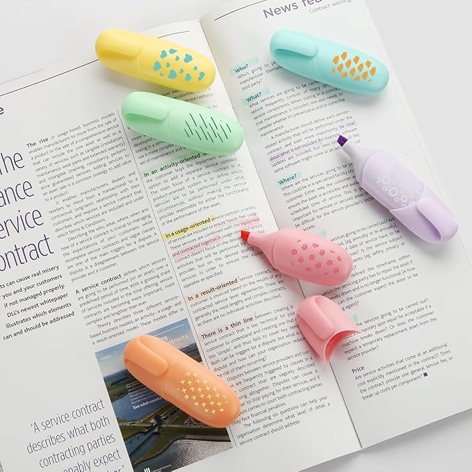 6 Piece Stylish Modern Style Mini Highlighter Pen Kawaii Stuff Pastel Color Geometric Line Design Easter Gift Highlighter Marker
