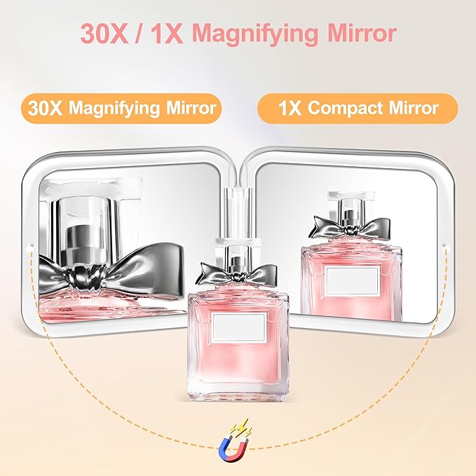 MIYADIVA Compact Mirror, 30X Magnifying Mirror, Pocket Mirror for Purse, Travel Makeup Mirror with 30X/1X Magnification, Travel Essentials Mirror, Precision Tweezers, Present for Girls