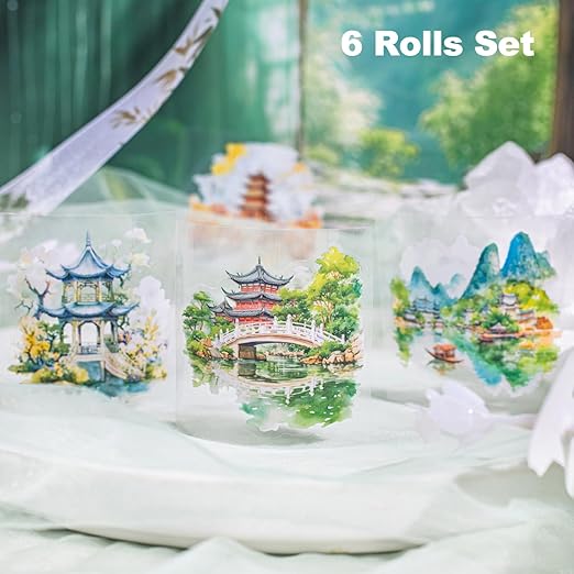 6 Rolls Garden Courtyard Landscape PET Tape Set, Pre-Cut Scenery Stickers for Journaling, Scrapbooking, and DIY Crafts, with Decorative Clip