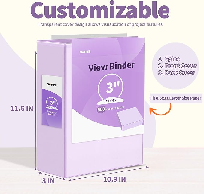 SUNEE 3 Ring Binder 1 Inch 2 Pack, Clear View Binder Three Ring PVC-Free (Fit 8.5x11 Inches) for School or Office Supplies, Purple