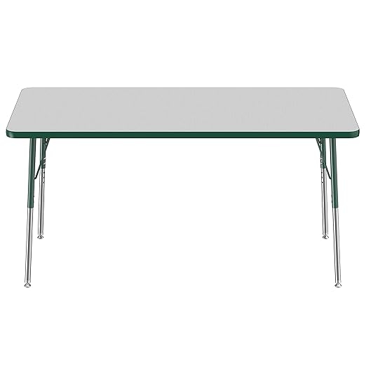FDP Rectangle Activity School and Office Table (30 x 60 inch), Standard Legs with Swivel Glides, Adjustable Height 19-30 inches - Gray Top and Green Edge