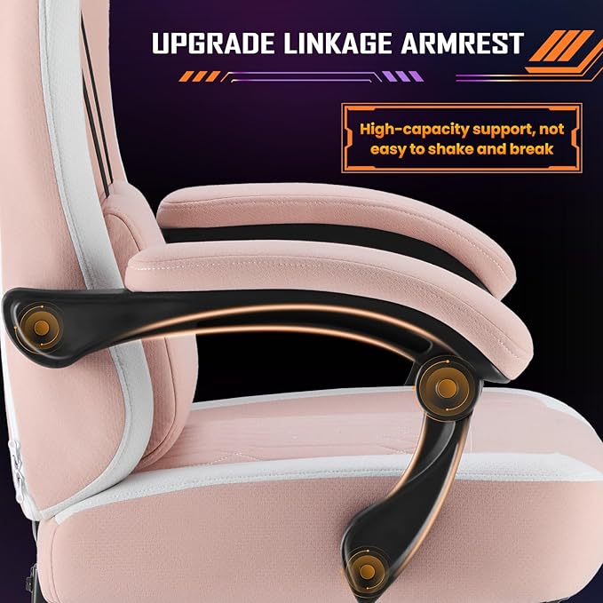 Sweetcrispy Computer Gaming Chair - High Back Ergonomic Desk Chair with Footrest and Lumbar Support, Height Adjustable Task Chair with Linkage Armrests and Headrest, 360° Swivel Wheels, Pink