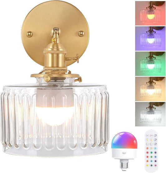 Vintage Battery Operated Wall Sconce with Clear Striped Glass Lampshade 5000 mAh Rechargeable Battery Powered Wall Light with Remote Control for Bedside Bedroom Doorway