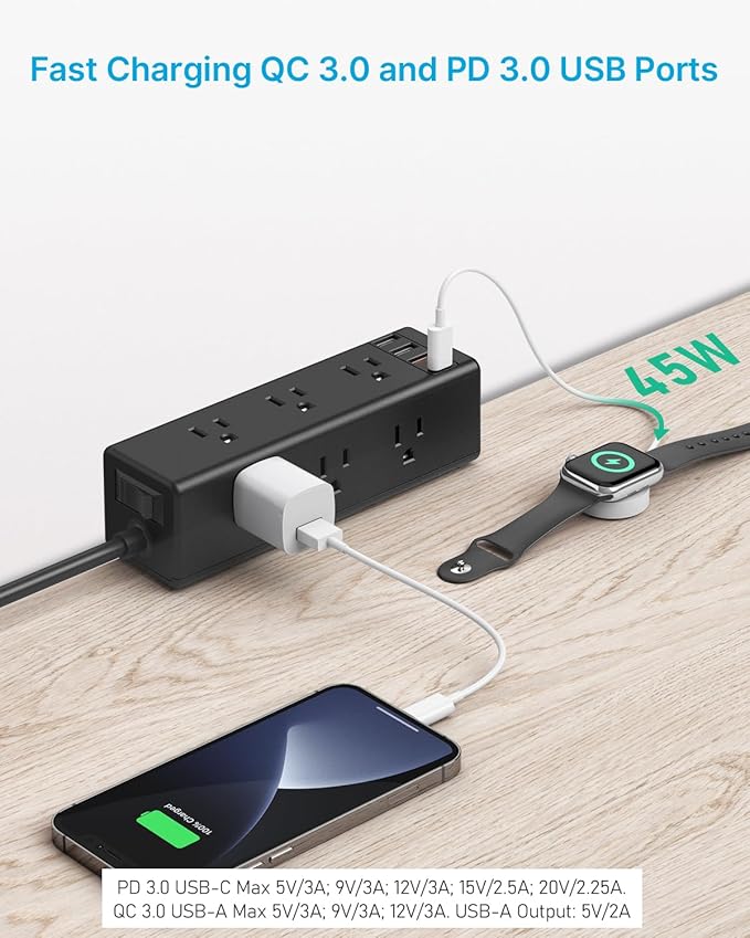CCCEI Desk Clamp Power Strip with 9 Outlets, Desktop Edge Mount Surge Protector with USB-A and 45W USB-C Ports, Widely Spaced Desk Outlet Fast Charging Station, 10 FT Flat Plug, Fit 1.6 inch Table.