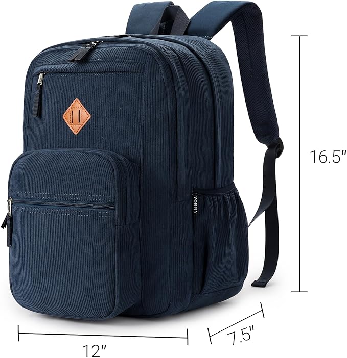 ZORFIN 26L Backpack for School, College, and Travel: Corduroy Bookbag with 8 Compartments - Midnight Blue