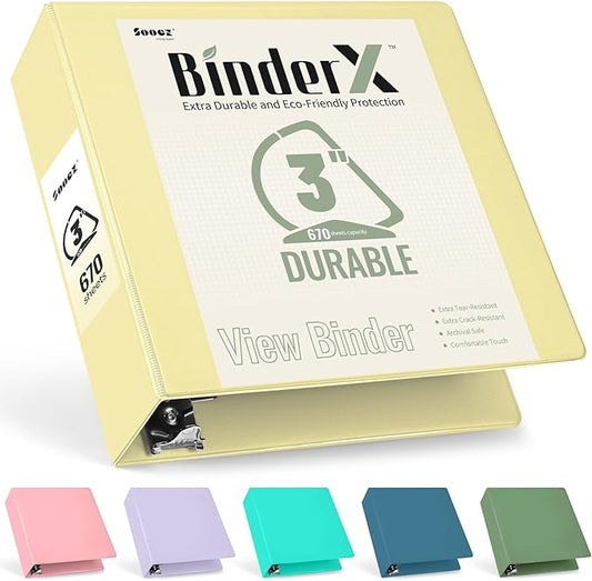 Sooez BinderX Extra Durable 3 Inch 3 Ring Binder, D-Ring Large Binder, Holds 670 Sheets of 8.5x11 Paper, Customizable View Cover with Inside Pocket, Heavy Duty 3 Ring Binder for School, Light Yellow