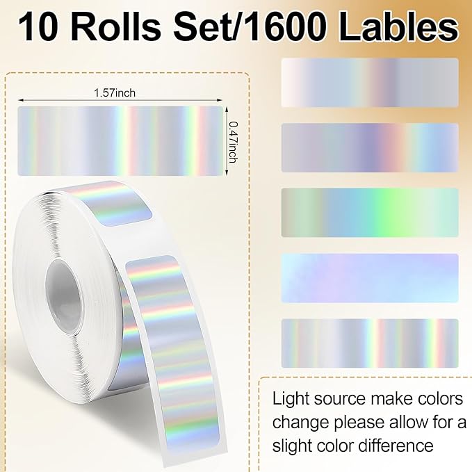 1600 Pcs Label Tapes 12 x 40 mm Laminated Stickers Replacement Compatible with D30 Portable Label Printer Tapes for Office 160 pcs/roll (Holographic Silver)