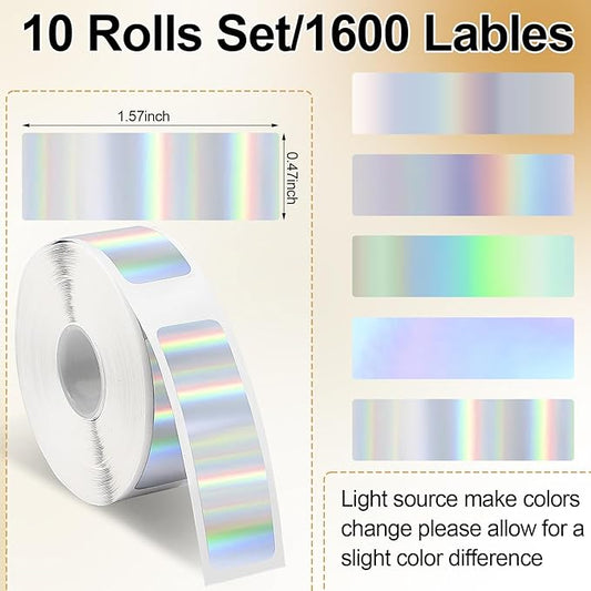 1600 Pcs Label Tapes 12 x 40 mm Laminated Stickers Replacement Compatible with D30 Portable Label Printer Tapes for Office 160 pcs/roll (Holographic Silver)