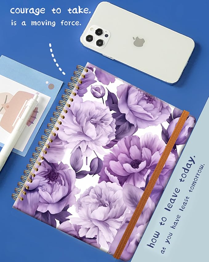 Ruled Spiral Writing Notebook,A5 Hardcover Lined College Journal for Women Lady Girl,Strong Twin-Wire Binding with Premium Paper,8.4" X 6",Perfect for School,Office,Home Gifts(purple floral)