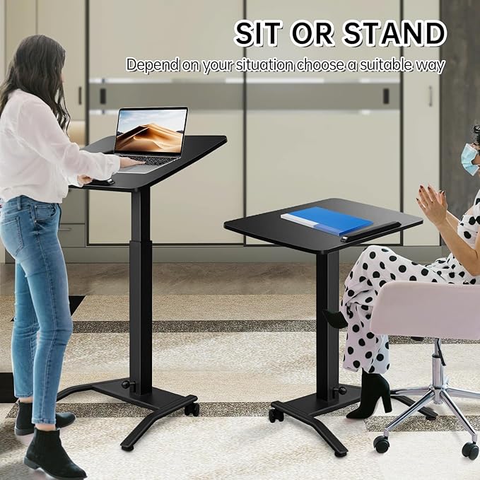 Mobile Standing Desk with 45° Tilting Desktop, Portable Rolling Standing, Height Adjustable Sit Stand Foldable with Wheels, Mobile Desk Workstation for Home Office (Black, Large)