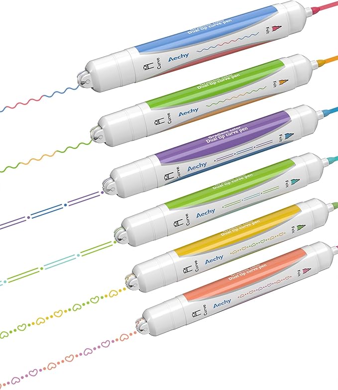 AECHY 6PCS Dual Color Highlighter Pens - 1 Stroke 2 Colors! Dual Tip Pens with 3 Curve Shapes & 6 Vibrant Colors for Note Taking, Underlining, Journaling, No Bleed Acid-Free Ink, for School,Office,Art