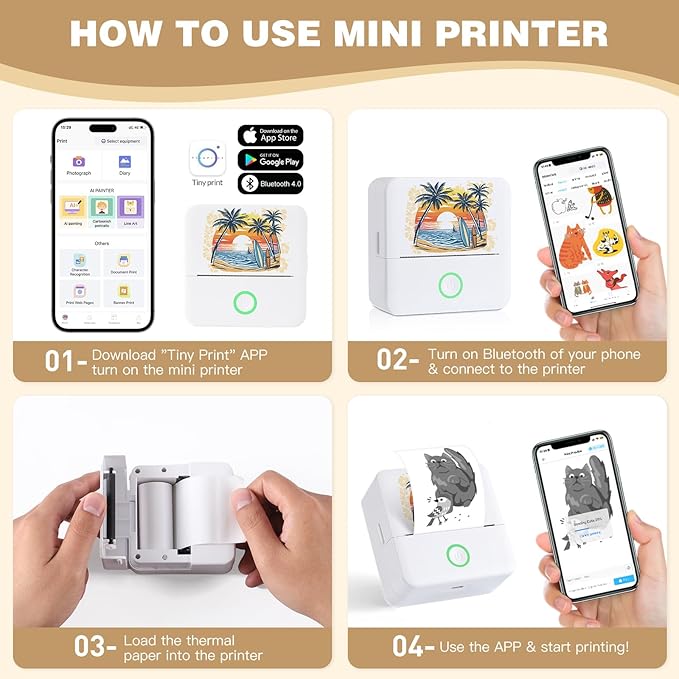 Print Pods Mini Printer, Thermal Inkless Sticker Maker with 3 Rolls Paper, Pocket Printpod for Phone, Impresora Portátil for Notes, Flashcards, Journal, DIY (Calif Beach)