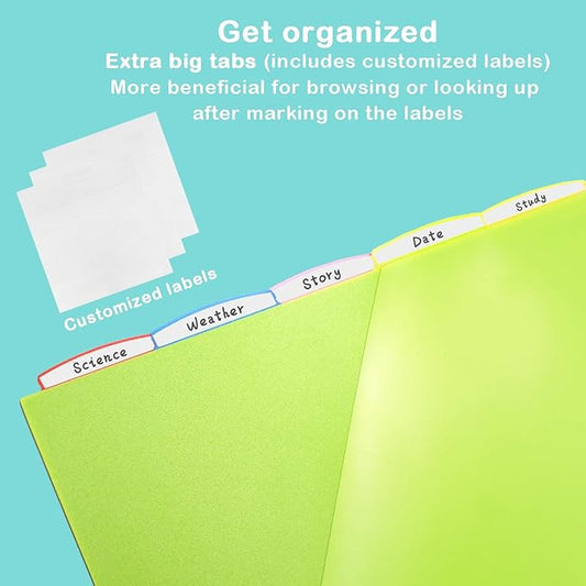 Plastic 5-Tab Dividers with Clear Front Pockets -2 Sets, Pocket Dividers for 3-Ring Binders, Multi-Color Binder Dividers, Total 10 Tabs
