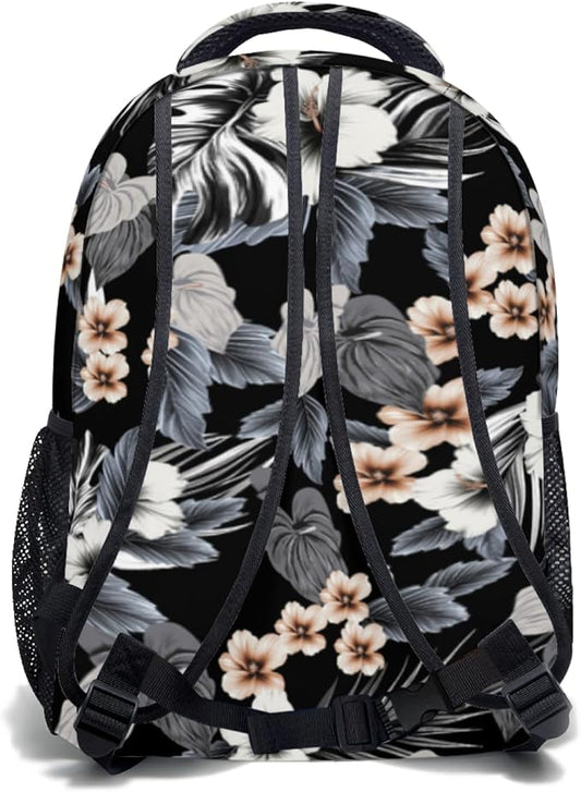Hawaiian Black Floral Print Backpack Tropical Beachy Flower Leaf School Bookbag Summer College Shoulders Back Pack for Travel Hiking Camping
