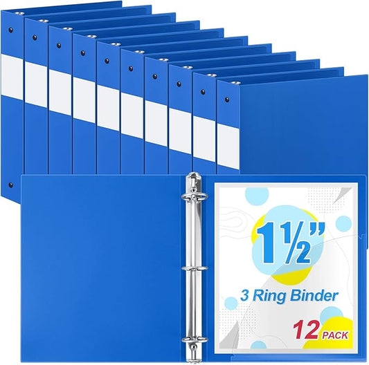 Henoyso 12 Pcs 3 Ring Binder 1.5 Inch Plastic Flexible Round Binder Fits Letter Size 8.5 x 11 Inch Paper Holds 300 Sheets with 1 Pockets for Office School (Blue)