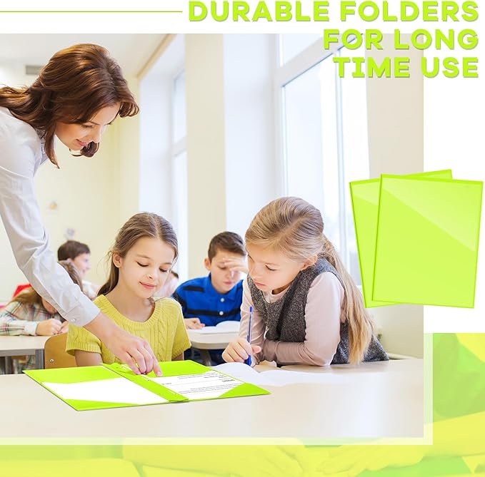 Henoyso 36 Pcs Plastic Folder with Clear Front Pocket and 3 Prong Plastic Folders with Card Slot Pocket Folders with Prongs for School Office (Fluorescent Green)