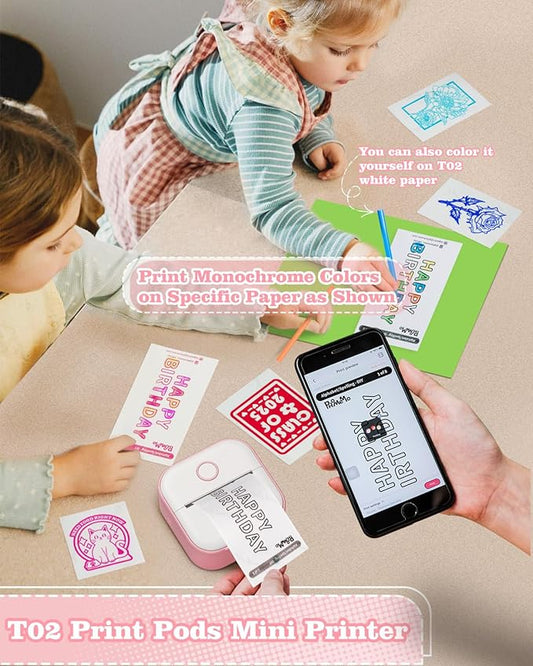 Memoking Mini Sticker Printer - T02 Mini Thermal Printer Wireless Inkless Label Maker Portable Sticker Maker for Student Birthday Gift, Compatible with iOS & Android, Pink