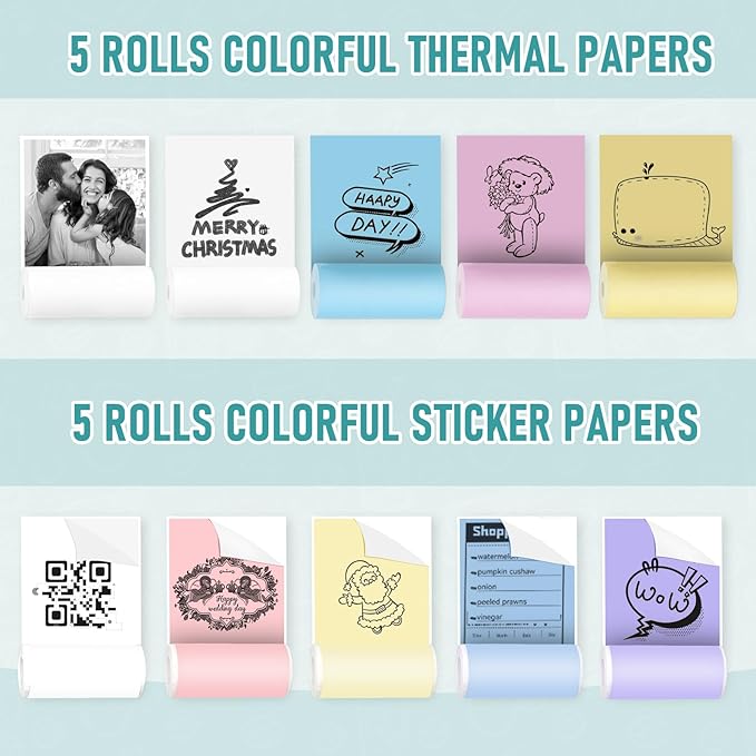 Mini Pocket Bluetooth Printer-Portable Thermal Printer with 10 Roll Papers for Journal/DIY Scrapbook/Travel/Notes/Lists/Label/Memo for Children Women Gifts Kids Christmas