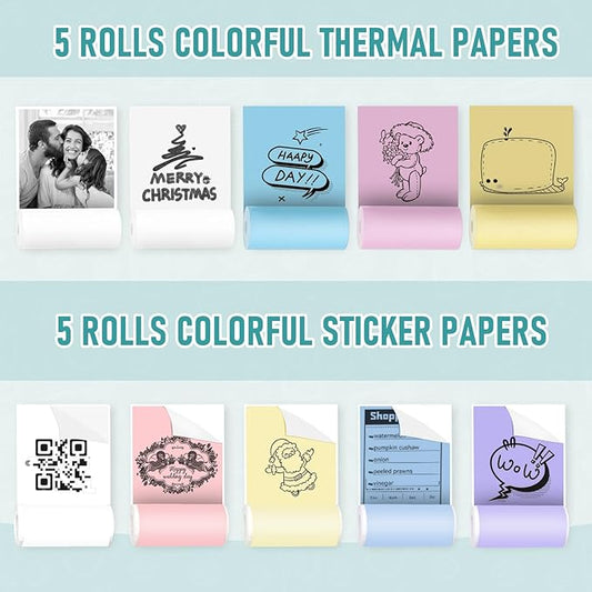 Mini Pocket Bluetooth Printer-Portable Thermal Printer with 10 Roll Papers for Journal/DIY Scrapbook/Travel/Notes/Lists/Label/Memo for Children Women Gifts Kids Christmas