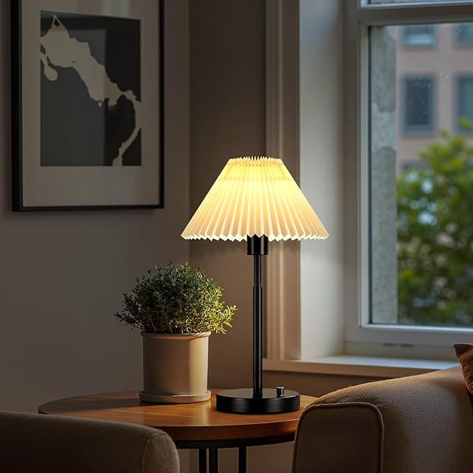 Bedside Table Lamp Set of 2: Dimmable Nightstand Bedside Lamps with USB A and C Ports, Modern Metal and Pleated Fabric Shade Black Desk Lamp for Bedroom Living Room Home Office Reading