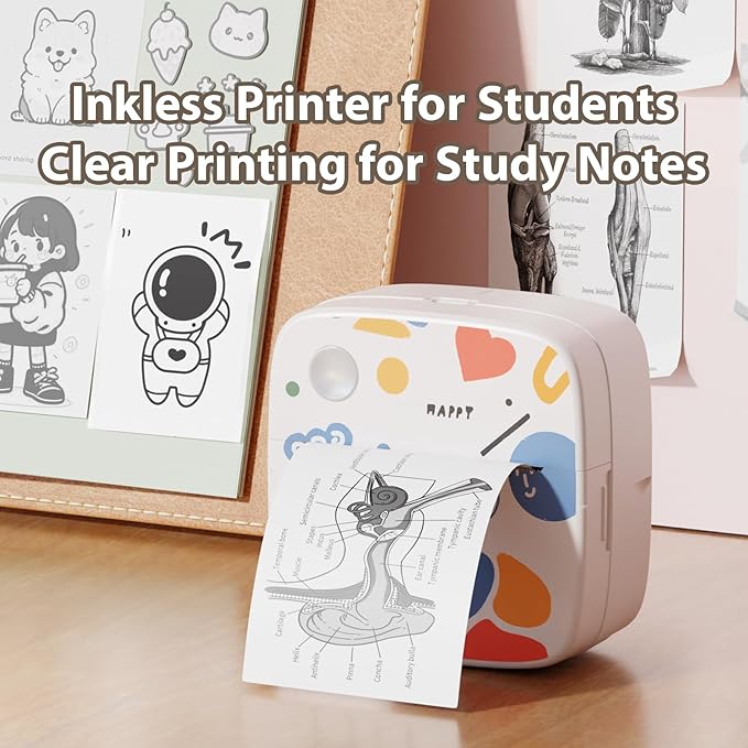 Sticker Printer with 9 Rolls Thermal Paper, Little Thermal Printer Compatible with iOS & Android, Pocket Inkless Mini Sticker Maker, Label Maker Machine for Study, Journal, Memo, Notes
