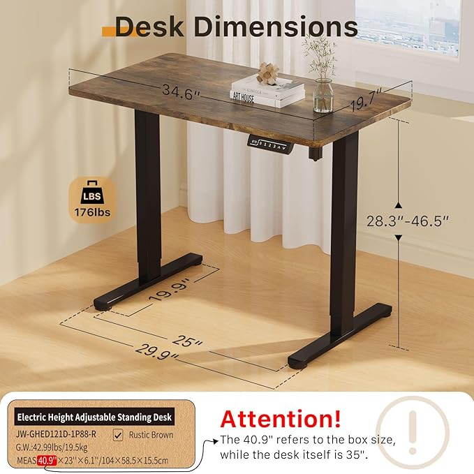 JOY worker Small Electric Standing Desk, 35" x 20" Whole Piece Height Adjustable Desk with Memory Controller, Grey Sit to Stand Desk Workstation for Home Office, Rustic