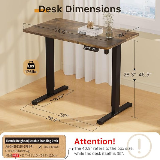JOY worker Small Electric Standing Desk, 35" x 20" Whole Piece Height Adjustable Desk with Memory Controller, Grey Sit to Stand Desk Workstation for Home Office, Rustic