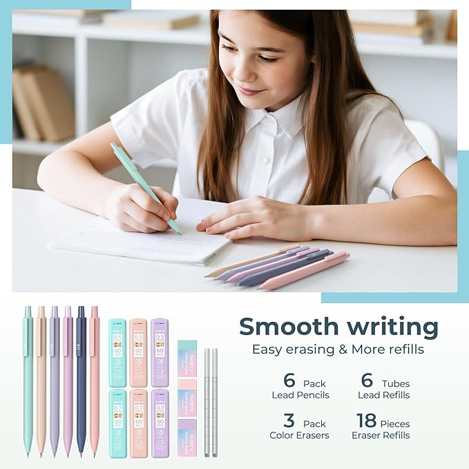 Nicpro 39 PCS Aesthetic School Supplies with Cute Pencil Case, 12 Pastel Highlighters, 5 Black Gel Pens for School, 6 Mechanical Pencils Set 0.5 & 0.7mm for Student Stationary College Essentials(Blue)