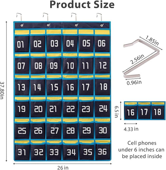 HBlife 2PCS Numbered Classroom Organizer Pocket Chart Cell Phones Holder Wall Door Hanging Storage Bag (Blue, 36 Pocket-2 Pack)