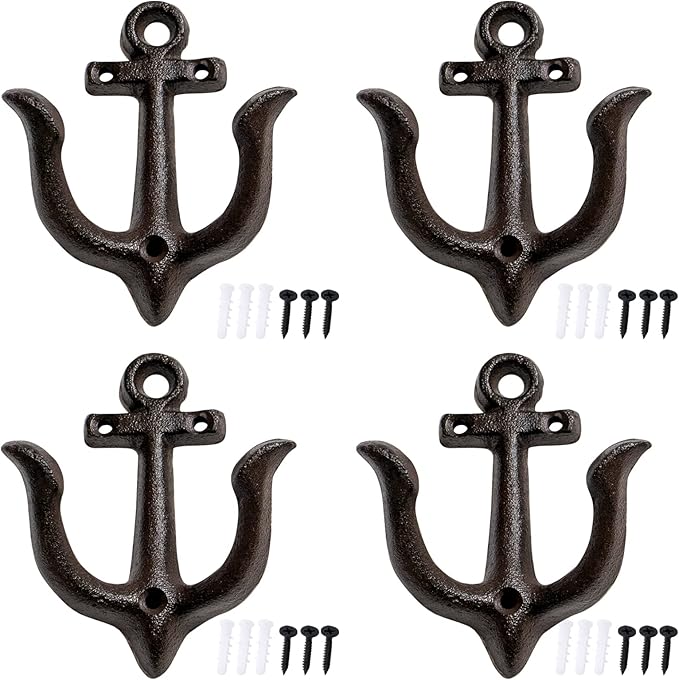 Notakia Decorative Wall Hooks Mounted Antique Shabby Chic Metal Cast Iron Nautical Anchor Design Hooks Hanger, Vintage Rustic Cast Iron Wall Hooks,Screws Included (Brown Anchor 4Pcs)