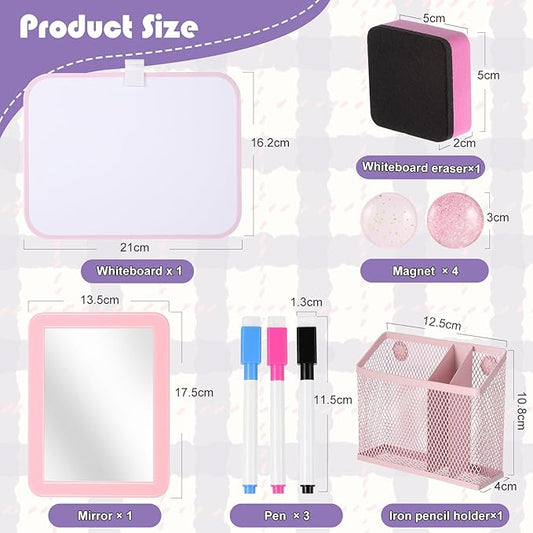 abcGoodefg Pink Magnetic Locker Accessories for Girls, Locker Organizer and Decoration with Locker Mirror, Whiteboard and Pen Holder Markers Magnet and Eraser for School Locker Back to School Stuff