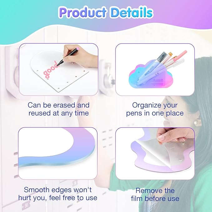 MoKo Locker Accessories Set, 5 in 1 Back to School Supplies College Essentials Includes Magnetic Acrylic Board, Locker Mirror, Markers Holder,Marker Pens and Locker Magnets